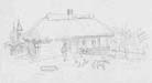 Rural Life, 1920s, Graphite on paper, Ukrainian Khata with Thatch Roof