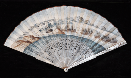 <p>Fan presented to Captain John Green depicting the <em>Empress of China</em> (far left), 1784<br />
Canton (Guangdong), China<br />
Artist unknown<br />
Paper, gouache, and mother of pearl</p>
<p>The <em>Empress of China </em>departed New York on February 22, 1784, to open American trade with China. Businessman Samuel Shaw of Boston, Massachusetts, oversaw the $120,000 cargo of lead, animal skins, cotton, and 27,000 kilograms of ginseng, which the crew exchanged for Chinese tea, silk, and porcelain once it reached Canton. In China, Captain John Green was presented with this fan, which depicts the vessel.</p>
<p>Philadelphia History Museum at the Atwater Kent, The Historical Society of Pennsylvania Collection, HSP.R-7-39, Painted Paper Fan</p>

