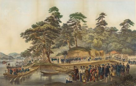 <p><em>Landing of Commodore Perry, Officers and Men of the Squadron, to Meet the Imperial Commissioners at Simoda </em>[<em>sic</em>]<em>, Japan, June 8, 1854</em>, 1855<br />
Shimoda, Japan<br />
Eliphalet M. Brown Jr.<br />
Lithograph with hand-coloring on paper</p>
<p>Artists Eliphalet Brown Jr. and William Heine accompanied Commodore Matthew Perry on his expedition to establish U.S. diplomatic and trade relations with Japan, which had previously held a 220-year-old policy of isolation. Following the Treaty of Kanagawa in 1854, Japan opened the ports of Shimoda and Hakodate to American trade. Shimoda was also the site of the first U.S. consulate in the country.</p>
<p>National Portrait Gallery, Smithsonian Institution; gift of August Belmont IV, NPG.82.110</p>
