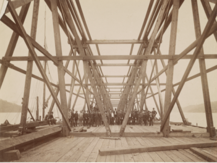 <p>Hawkesbury River Railway Bridge construction, c. 1887-1889<br />
New South Wales, Australia<br />
Photograph by Edwin Kirtland Morse</p>
<p>U.S. companies helped to build the infrastructure of many of its allies. One such example is the Hawkesbury River Railway Bridge project, which linked several of Australia’s major railway systems. The Union Bridge Company of New York contracted Ryland & Morse of Chicago to produce the ironwork for the bridge, which was eventually replaced by the current structure in 1946.</p>
<p>Library of Congress, Prints and Photographs Division, PR 13 CN 1997:086, Photo 60</p>
