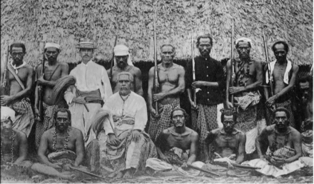 <p>Joseph Klein with King Mata’afa Iosefo and other Samoan chiefs, 1880<br />
Apia, Samoa</p>
<p>King Mata’afa Iosefo (seated, in white) was a paramount chief and one of three rivals vying for Samoa’s kingship. Standing behind him is American correspondent for the <em>New York World</em> and the Associated Press, John C. Klein. During the First Samoan Civil War, Klein acted as a military advisor to King Mata’afa.</p>
<p>Library of Congress, Prints and Photographs Division, LC-B2- 4052-4</p>

