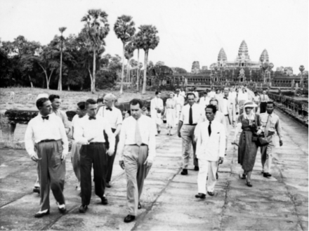 <p>Vice President Richard Nixon and delegation tour Angkor Wat, 1953<br />
Siem Reap, Cambodia</p>
<p>Vice President Richard Nixon and Second Lady Pat Nixon made a goodwill tour of more than ten Asian nations during President Dwight Eisenhower’s first term. The delegation, which included Nixon’s secretary Rose Mary Woods and member of the Massachusetts House of Representatives Christian Archibald Herter Jr., visited Angkor Wat in Cambodia, which sought military aid from the United States.</p>
<p>National Archives and Records Administration, Still Picture Unit, 16915939</p>

