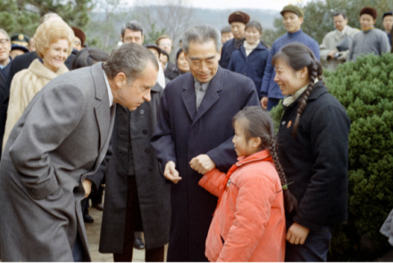 <p>President Richard Nixon visits West Lake Park, 1972<br />
Hangzhou, China<br />
Photograph by Oliver Atkins</p>
<p>President Richard Nixon’s historic visit—one of several between U.S. and Chinese leaders— helped to pave the way for the establishment of relations with the People’s Republic of China in 1979. In this image, President Nixon and Premier Zhou Enlai greeted a young girl while visiting West Lake Park, as First Lady Pat Nixon and National Security Advisor Henry Kissinger (far left) look on.</p>
<p>Richard Nixon Presidential Library, WHPO 8604-10</p>
