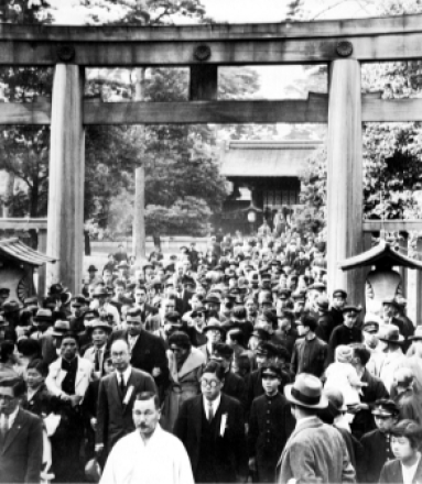 <p>All-American baseball team visits the Meiji Shrine with Matsutaro Shoriki (behind man in white), 1934<br />
Tokyo, Japan</p>
<p>The 1934 All-American team, which included Babe Ruth and Lou Gehrig, played against top Japanese players. Matsutaro Shoriki, owner of the <em>Yomiuri Shimbun </em>newspaper, organized the tour and is credited with introducing professional baseball to Japan. While many Japanese were thrilled to welcome baseball’s greatest, some were angered when Shoriki brought foreigners to sacred sites, such as the Meiji Shrine.</p>
<p>Babe Ruth Central</p>
