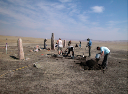 <p>Researchers at a deer stone excavation site dating to 1000 B.C.E., 2005<br />
Bor Hujiriin Gol, Mongolia<br />
Photograph by William Fitzhugh</p>
<p>Since the 1980s, a team of Mongolian and Smithsonian scientists and researchers have been excavating, scanning, and cataloguing deer stones—named for their carved figures of flying deer—across northern Mongolia. The project supports the Dukha, or Tsaatan, reindeer-herding communities and investigates how climate change is threatening their nomadic traditions and Mongolia’s archaeological sites.</p>
<p>Smithsonian Institution</p>
