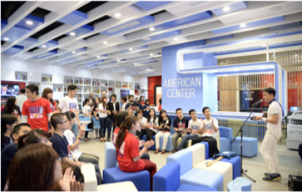 <p>Grand reopening celebration of American Center Hanoi, 2014<br />
Hanoi, Vietnam</p>
<p>The America Center Hanoi, one in a network of more than 650 around the world, welcomes more than 156,000 guests annually. As part of the Public Affairs Section of U.S. Embassies, American Centers serve as community and educational spaces for government officials, academics, journalists, students, and others interested in learning more about the United States.</p>
<p>American Center Hanoi</p>
