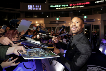 <p>Michael B. Jordan arrives at the premiere of <em>Black Panther</em>, 2018<br />
Seoul, Republic of Korea<br />
Photograph by Han Myung-Gu</p>
<p>In 2018, Marvel’s <em>Black Panther</em> was released to box office success worldwide. The main car chase was filmed in Busan, Republic of Korea, and featured many of the city’s landmarks, including Gwangalli Beach, Gwangan Bridge, and Jagalchi Market. Several Marvel movies have been filmed in Busan, which is also the site of Asia’s largest film festival.</p>
<p>Getty Images for Disney, 914527830</p>
