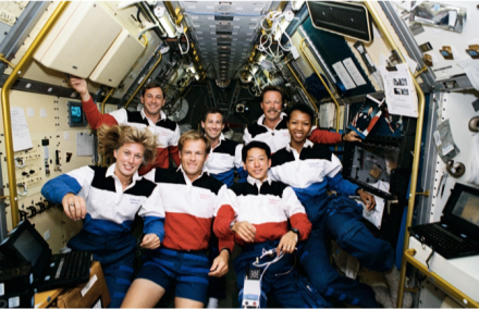 <p>The crew of space shuttle <em>Endeavor</em>, including Mamoru Mohri (front, right), 1992</p>
<p>Spacelab-J—a joint NASA and National Space Development Agency of Japan mission—conducted microgravity investigations in materials and life sciences. The crew consisted of the first Japanese astronaut, Mamoru Mohri, to fly aboard the <em>Endeavor</em>, the first African American woman to fly in space, and the first married couple to fly on the same space mission. In addition to the crew, test subjects included Japanese koi fish.</p>
<p>National Aeronautics and Space Administration</p>
