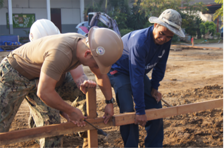 <p>U.S. Navy and Royal Thai Air Force collaboration project, 2013<br />
Chiang Mai, Thailand<br />
Photograph by Lt. Junior Grade Jonathan Kim</p>
<p>A U.S. Navy steelworker works with a member of the Royal Thai Air Force to build posts around the Ban Piang Rat School as part of Exercise Cobra Gold 2013. Cobra Gold is an annual Thai-U.S. joint and multinational exercise with Indonesia, Japan, Malaysia, the Republic of Korea, Singapore, and Thailand. An additional twenty nations also participated that year.</p>
<p>U.S. Navy</p>
