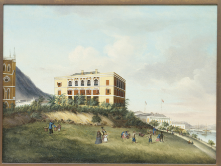 <p><em>The Office of Augustine Heard and Company, Hong Kong</em>, c. 1860<br />
Hong Kong<br />
Artist unknown<br />
Oil on canvas</p>
<p>When American merchant Augustine Heard established his company in 1840 with friends Joseph Coolidge and George Basil Dixwell, the trading firm grew rapidly. In 1857, the business relocated its headquarters from Canton to Hong Kong and eventually expanded its operations, opening offices in Fuzhou, Ningbo, Shanghai, and Amoy (Xiamen).</p>
<p>Peabody Essex Museum, Salem, Massachusetts, M17297, gift of Mr. William A. Parker</p>
