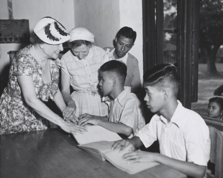 <p>Bottom: Keller and her assistant Polly Thomson visit St. Michael’s School for the Blind, 1955<br />
Rangoon (Yangon), Burma</p>
