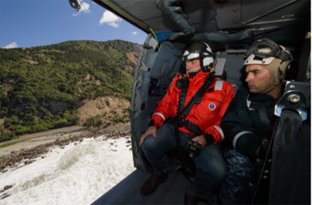 <p>Kaikoura Mayor Winston Gray (left) and U.S. Commander Timothy LaBenz survey damage, 2016<br />
Kaikoura, New Zealand<br />
Photograph by Petty Officer 2nd Class Bryan Jackson</p>
<p>While en route to participate in the International Naval Review commemorating the 75th anniversary of the founding of the Royal New Zealand Navy, the crew of the USS <em>Sampson</em> supported earthquake recovery efforts. Several other American ships diverted their paths to support the relief effort and evacuate citizens, and the United States also dispatched aircraft to conduct surveys of damaged areas.</p>
<p>U.S. Navy/Released</p>
