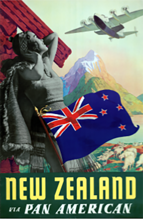 <p><em>New Zealand via Pan American</em> poster, 1940<br />
Paul George Lawler<br />
Lithograph</p>
<p>Pan American Airways operated its first successful passenger flight from the United States to New Zealand in 1940. This breakthrough allowed Americans to visit Australia and New Zealand and reduced the previous seventeen-day journey by steamship to four days by air.</p>
<p>Library of Congress, Prints and Photographs Division, POS – US .L387, no. 5</p>
