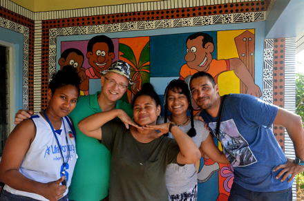 <p>American artist Phillip Martin and volunteers with their murals in Fiji (top) and Nauru, 2016<br />
Suva, Fiji, and Yaren, Nauru</p>
