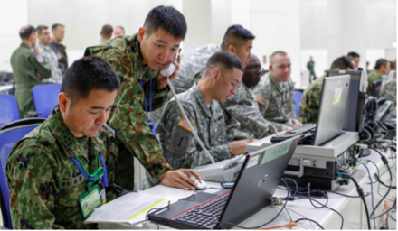 <p>Japanese and American soldiers prepare for the Yama Sakura 67 exercise at Yokota Air Base, 2014<br />
Tokyo, Japan<br />
Photograph by Airman 1st Class Soo C. Kim</p>
<p>Yama Sakura is the largest U.S. Army bilateral exercise in the Asia-Pacific region. Its purpose is to enhance American and Japanese combat readiness, while strengthening bilateral relationships and demonstrating U.S. support for the security interests of allies and partners in the region.</p>
<p>U.S. Air Force/Released</p>

