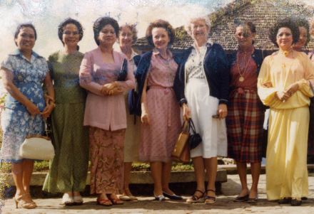 <p>Mrs. Grace Vance (white dress), wife of Secretary of State Cyrus Vance, poses with the wives of the ASEAN Secretary General and Foreign Ministers, 1977<br />
Bali, Indonesia</p>
<p>Soon after the United States joined ASEAN as a dialogue partner in 1977, Secretary of State Cyrus Vance traveled to Indonesia with his wife, Grace, for the Twelfth ASEAN Ministerial Meeting. They also visited Australia, Japan, and the Republic of Korea, on the same trip.</p>
<p>Yale University Library, Manuscripts and Archives, MS 1664.VI.61.101</p>
