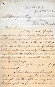 <p>Medical school application letter from Anandibai Joshee to Alfred Jones Esq., 1883<br />
Courtesy of Legacy Center Archives, Drexel University College of Medicine, Philadelphia, a291_006</p>
