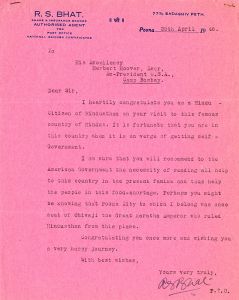 <p>Letter from R. S. Bhat to President Hoover, 1946<br />
Courtesy of the Herbert Hoover Presidential Library, FEC-India-Corresp</p>
