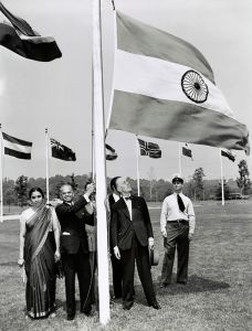 <p>The official raising of the Indian national flag at the United Nations, 1947<br />
Lake Success, New York<br />
Courtesy of the Library of Congress, P&P-NYWTS-Biog-Pillai, P&P, DR of India (II)</p>
