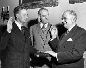 <p>Henry F. Grady being sworn in as the first U.S. Ambassador to India<br />
Washington, D.C.<br />
Harris and Ewing, Courtesy of Harry S. Truman Library, 99-448; Stock Montage</p>
