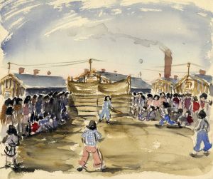 <p><em>A Baseball Game</em>, ca. 1942-1945<br />
Heart Mountain Relocation Center, Wyoming<br />
Watercolor by Estelle Ishigo<br />
Courtesy of UCLA, Library Special Collections, Charles E. Young Research Library</p>
<p><em>野球の試合</em>、1942-1945年ごろ<br />
ワイオミング州、ハートマウンテン移住センター（日系人強制収容所）<br />
水彩画:　エステル・アイシゴ<br />
提供:　カリフォルニア大学ロサンゼルス校、チャールス E. ヤング研究図書館、ライブラリー・スペシャル・コレクションズ</p>
