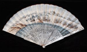 <p>Fan presented to Captain John Green depicting the <em>Empress of China</em> (far left), 1784<br />
Guangzhou, Guangdong Province<br />
Paper, gouache, and mother of pearl<br />
Courtesy of the Philadelphia History Museum at the Atwater Kent, The Historical Society of Pennsylvania Collection, HSP.R-7-39, Painted Paper Fan</p>
