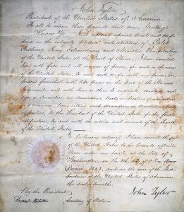 <p>Letter from President John Tyler confirming the appointment of Minister Caleb Cushing to China, 1843<br />
Courtesy of the Caleb Cushing papers, circa 1785-1906, Library of Congress, Manuscript Division, Box 39, Folder General Correspondence, May 1-8, 1843</p>

