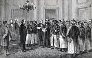 <p>Presentation of Anson Burlingame and the Chinese delegation to President Andrew Johnson, 1868<br />
Washington, D.C.<br />
Engraving<br />
Courtesy of the Picture Collection, The New York Public Library, Astor, Lenox and Tilden Foundations, 809304</p>
