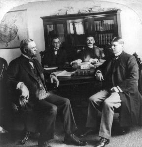 <p>Minister Edwin Hurd Conger and his staff in the American Legation, c. 1901<br />
Beijing<br />
Photograph by Underwood & Underwood<br />
Courtesy of the Library of Congress, Prints and Photographs Division, LC-USZ62-62477</p>
