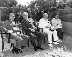 <p>Generalissimo Chiang Kai-shek (Jiang Jieshi), President Franklin D. Roosevelt, Prime Minister Winston Churchill, and Madame Chiang (Song Meiling) at the Cairo Conference, 1943<br />
Cairo, Egypt<br />
Courtesy of the Franklin D. Roosevelt Presidential Library & Museum, 48-22:3715(101)</p>
