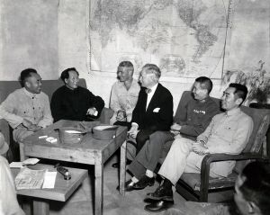 <p>Ambassador Patrick Hurley meeting with Mao Zedong and others, 1945<br />
Yan’an, Shaanxi Province<br />
Courtesy of the National Archives at College Park, MD, Still Picture Unit, 111-SC-WWII-763-360599</p>
