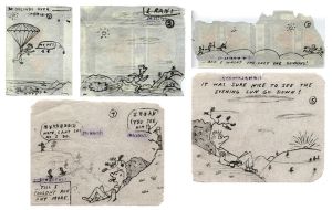 <p>Lieutenant Donald W. Kerr<br />
Cartoon sketches of his rescue by Chinese partisans, 1944<br />
Ink on paper<br />
Courtesy of the National Defense University, D790 .K47 1944</p>
