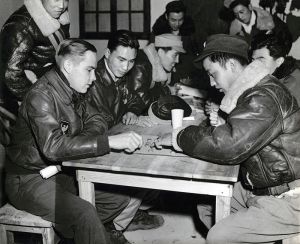 <p>American and Chinese pilots play Chinese checkers (<em>xiangqi</em>) in the fighter alert shack, c. 1943-1945<br />
Location in China unknown (near Japanese-held territory)<br />
Courtesy of the National Archives at College Park, MD, Still Picture Unit, 208-AA-159IU-8</p>
