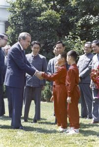 <p>President Richard Nixon greets Jet Li (Li Lianjie) and his wushu troupe, 1974<br />
Washington, D.C.<br />
White House Photograph by Robert L. Knudsen<br />
Courtesy of the Richard Nixon Presidential Library and Museum, WHPO-E3275-07</p>
