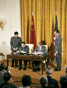 <p>Deng Xiaoping and President Carter sign diplomatic agreements, 1979<br />
Washington, D.C.<br />
White House Photograph by Bill Fitz-Patrick<br />
Courtesy of the Jimmy Carter Presidential Library, nlc09205.4</p>
