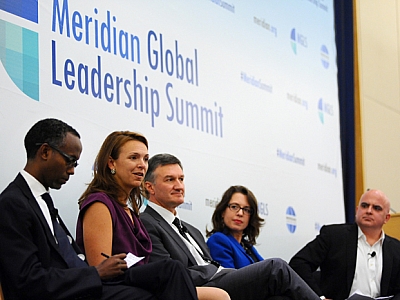 From left to right: Thomas Debass from State's Office of Global Partnerships; Jen Crozier, of IBM's Global Citizenship Initiatives; Al Monaco, President and CEO of Enbridge; Kelly Keiderling, Principal Deputy Assistant Secretary with State's Bureau of Educational and Cultural Affairs; Moderator, Christopher Schroeder, Entrepreneur and Venture Investor. Photo by Joyce Boghosian.