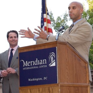 Ambassador Stuart Holliday (left) listens as Mayor Adrian Fenty speaks at a reception for Chiefs of Diplomatic Missions (Spring 2007).