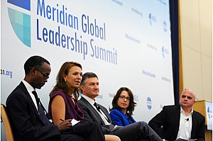 From left to right: Thomas Debass from State's Office of Global Partnerships; Jen Crozier, of IBM's Global Citizenship Initiatives; Al Monaco, President and CEO of Enbridge; Kelly Keiderling, Principal Deputy Assistant Secretary with State's Bureau of Educational and Cultural Affairs; Moderator, Christopher Schroeder, Entrepreneur and Venture Investor. Photo by Joyce Boghosian.