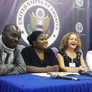 Christine Kuhn speaks to the press at the U.S. Embassy in Kinshasa.