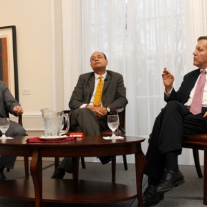 Mexican Ambassador Arturo Sarukan (left) joins a panel discussion on cross-cultural relations between the United States and Mexico. Photograph by Joyce N. Boghosian
