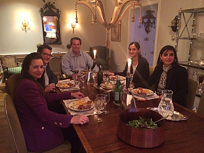 Ambassador Stuart W. Holliday and his wife Gwen Holliday enjoy dinner with French journalists Vincent Jarnigon and Violette Lazard
