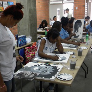 Participants working on their portraits