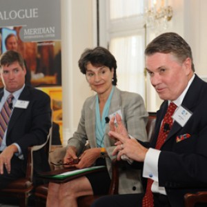 Speakers John Feehery and Jack Quinn, with moderator, Ambassador Muni Figueres of Costa Rica