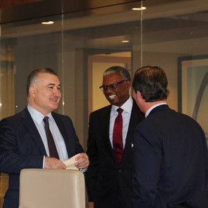 Ambassador Elin Suleymanov speaks with Meridian Trustee Art Collins and Ambassador Stuart Holliday