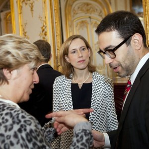 Dorothée  Pineau, Vice President, French- American Foundation, France, Jessica Miller, Public Affairs Moët Hennessy and Joseph Bogosian, SVP Certification, Operations Direction, Safran at the working session of the U.S. France Leadership Dialogue in Paris, France.