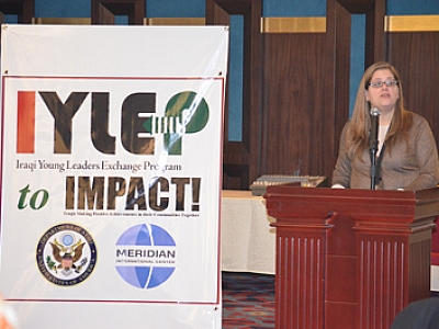 Gretchen Ehle, Meridian’s Vice President, GlobalConnect, addresses the IYLEP participants at the reunion conference in Baghdad.