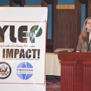 Gretchen Ehle, Meridian’s Vice President, GlobalConnect, addresses the IYLEP participants at the reunion conference in Baghdad.