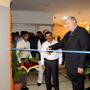 Salar Jung Museum & Library director A. Nagender Reddy looks on as Acting Consul General B. Jamison Fouss inaugurates Kindred Nations.