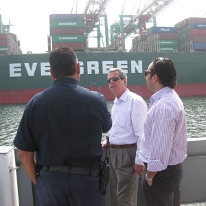 Discussing port operations and logistics during a tour of the Port of Los Angeles aboard LA City Fireboat #2 From left to right, George Serrano, Fireboat Mate, Port of LA; Capt. Juan Carlos Acosta Rodríguez; Dr. Felipe Targa Rodríguez