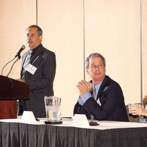 Capt. Norberto Castañeda López giving a presentation on the Port of Buenaventura at the Business Roundtable in Long Beach, CA From Left to Right: Capt. Norberto Castañeda López, Capt. Juan Carlos Acosta Rodríguez, Ms. Patricia Patiño Sabbagh